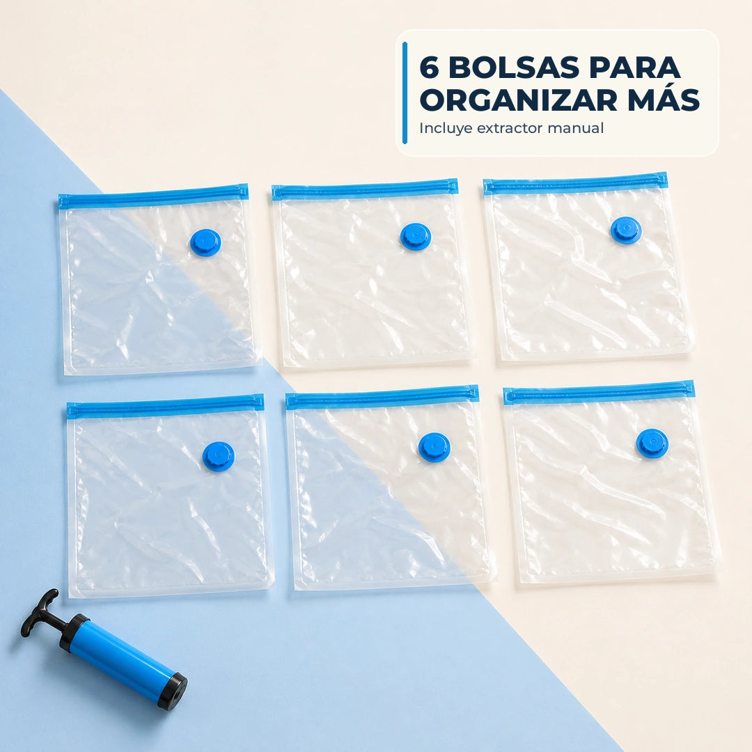 Kit de seis bolsas transparentes con extractor manual azul