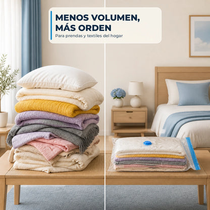 Comparación del volumen de textiles antes y después de usar una bolsa al vacío