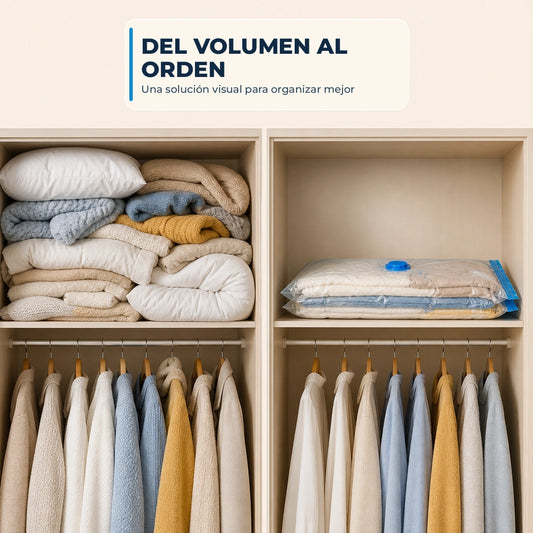 Antes y después de organizar un clóset con bolsas al vacío