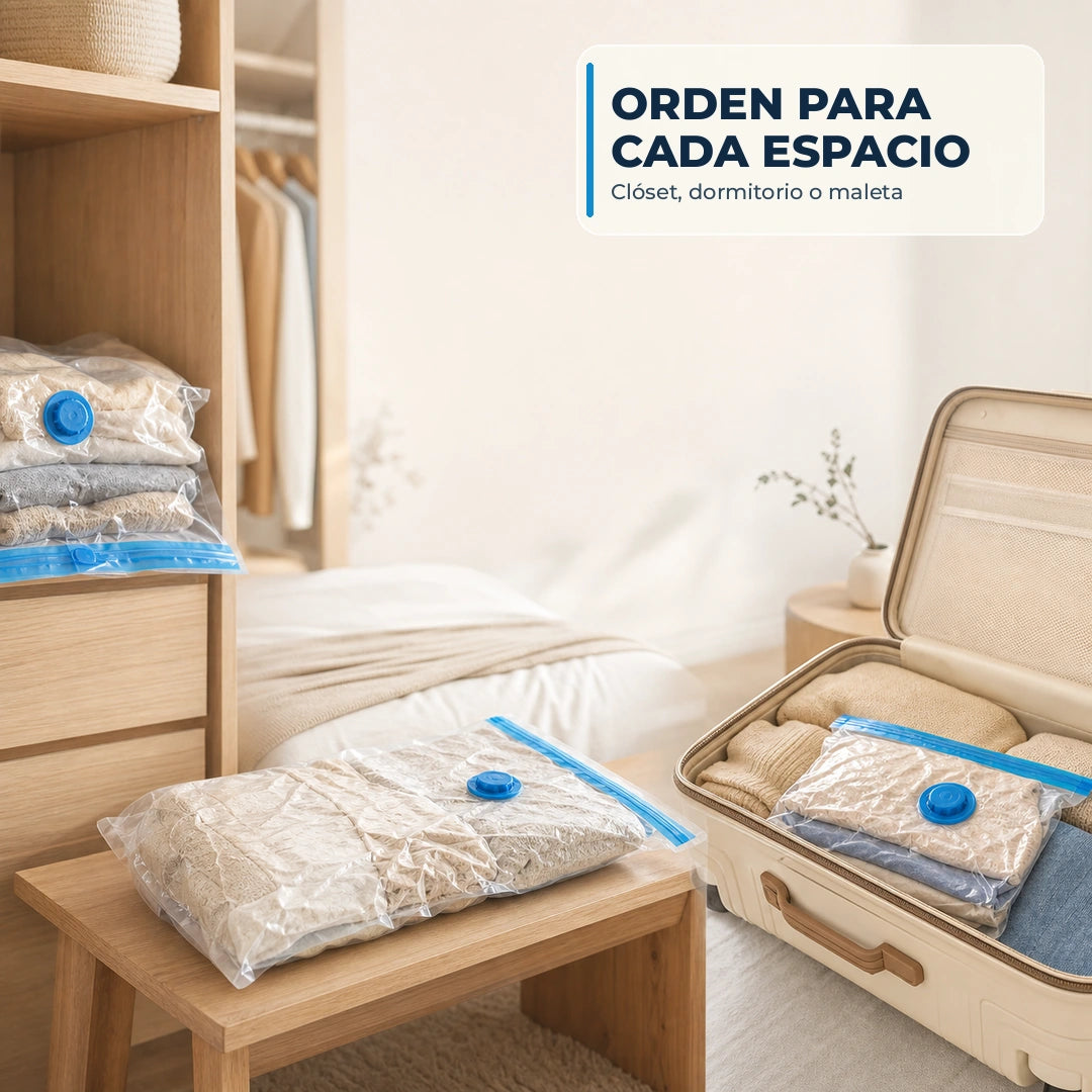 Bolsas al vacío usadas en clóset, dormitorio y viaje