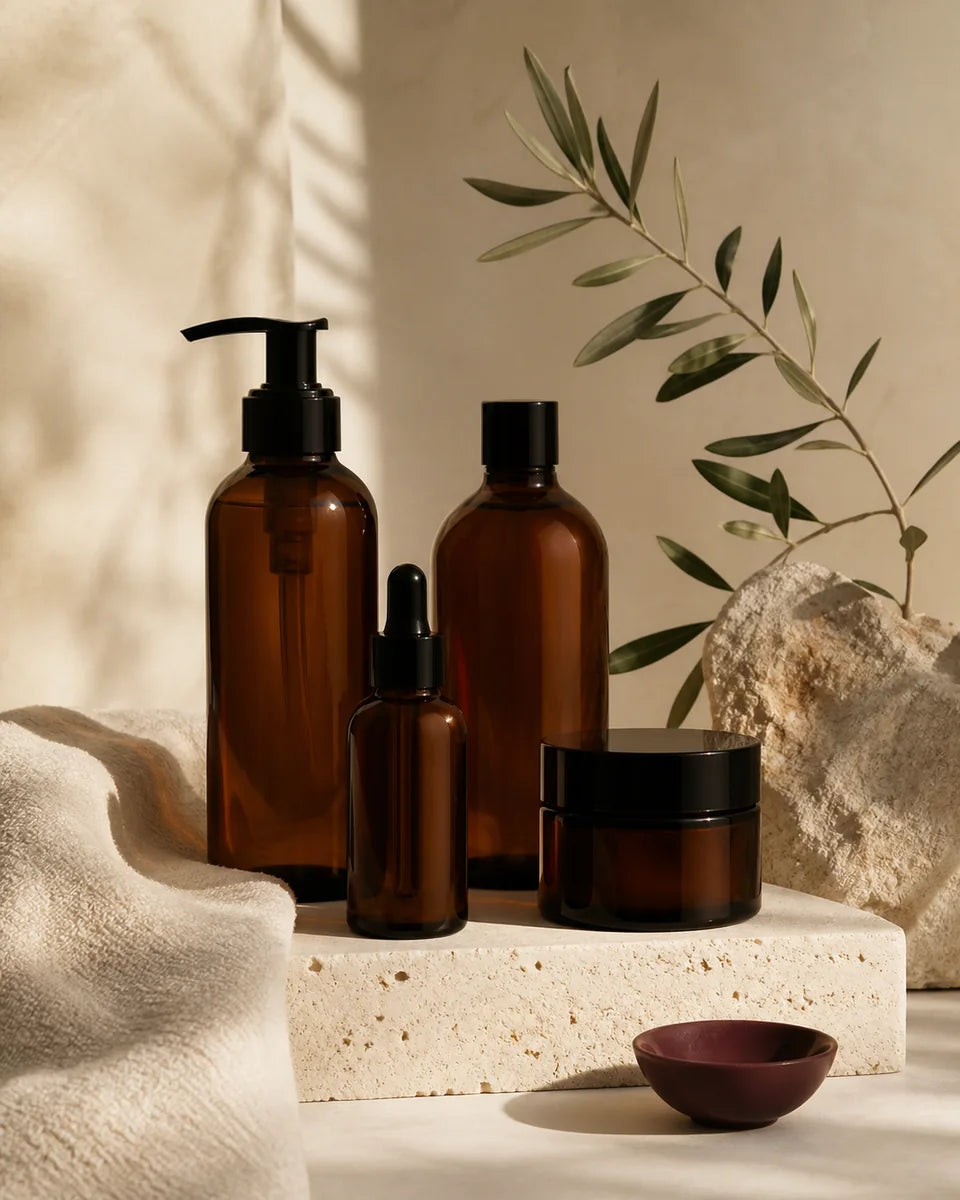 Composición editorial de bienestar con envases sin marca y materiales naturales